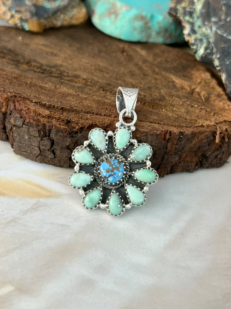 Handmade Sterling Silver Paloma and Golden Hills Turquoise Pendant Signed Nizhoni