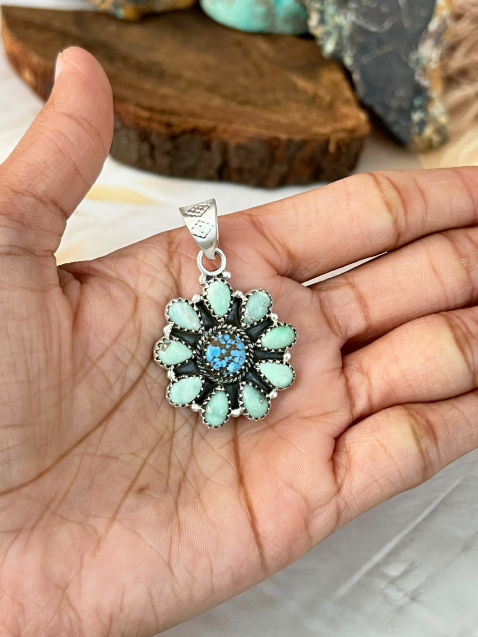 Handmade Sterling Silver Paloma and Golden Hills Turquoise Pendant Signed Nizhoni