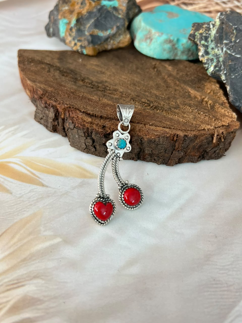 Handmade Sterling Silver Rosarita with Kingman Turquoise Cherry Pendant Signed Nizhoni