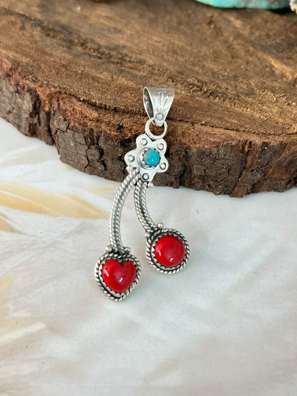 Handmade Sterling Silver Rosarita with Kingman Turquoise Cherry Pendant Signed Nizhoni