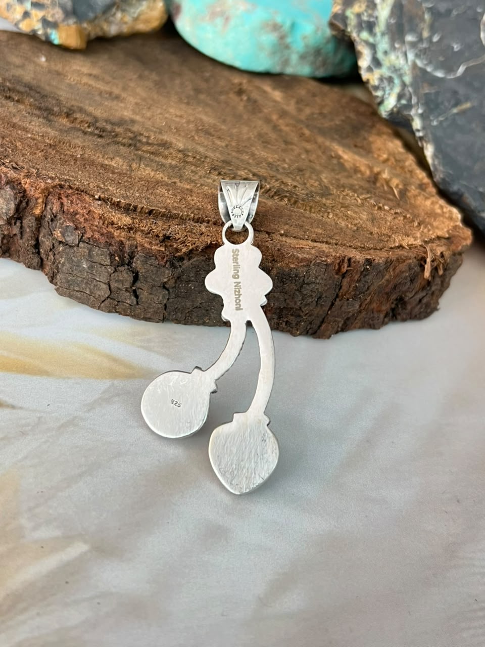Handmade Sterling Silver Rosarita with Kingman Turquoise Cherry Pendant Signed Nizhoni