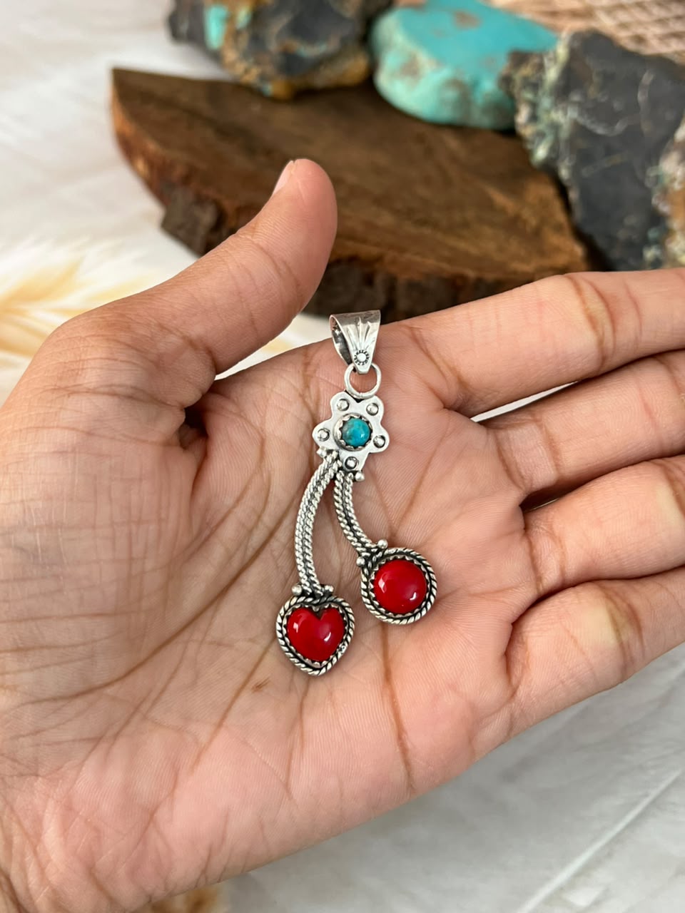 Handmade Sterling Silver Rosarita with Kingman Turquoise Cherry Pendant Signed Nizhoni