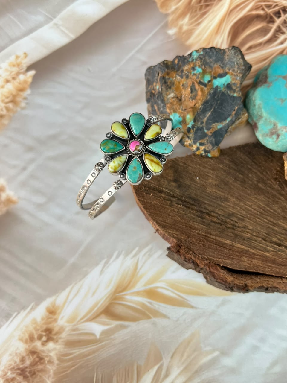 Handmade Sterling Silver Carico Lake with Cotton Candy and Palomino Turquoise Cuff Bracelet Signed Nizhoni