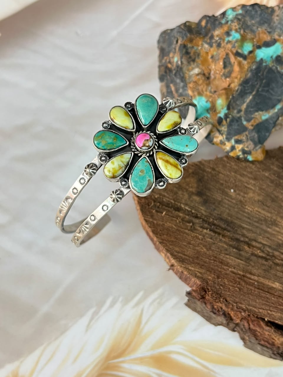 Handmade Sterling Silver Carico Lake with Cotton Candy and Palomino Turquoise Cuff Bracelet Signed Nizhoni