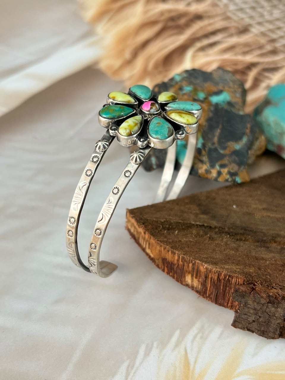 Handmade Sterling Silver Carico Lake with Cotton Candy and Palomino Turquoise Cuff Bracelet Signed Nizhoni