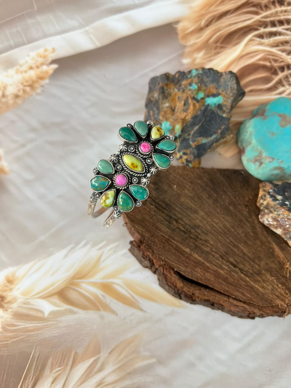 Handmade Sterling Silver Carico Lake with Cotton Candy and Palomino Turquoise Cuff Bracelet Signed Nizhoni