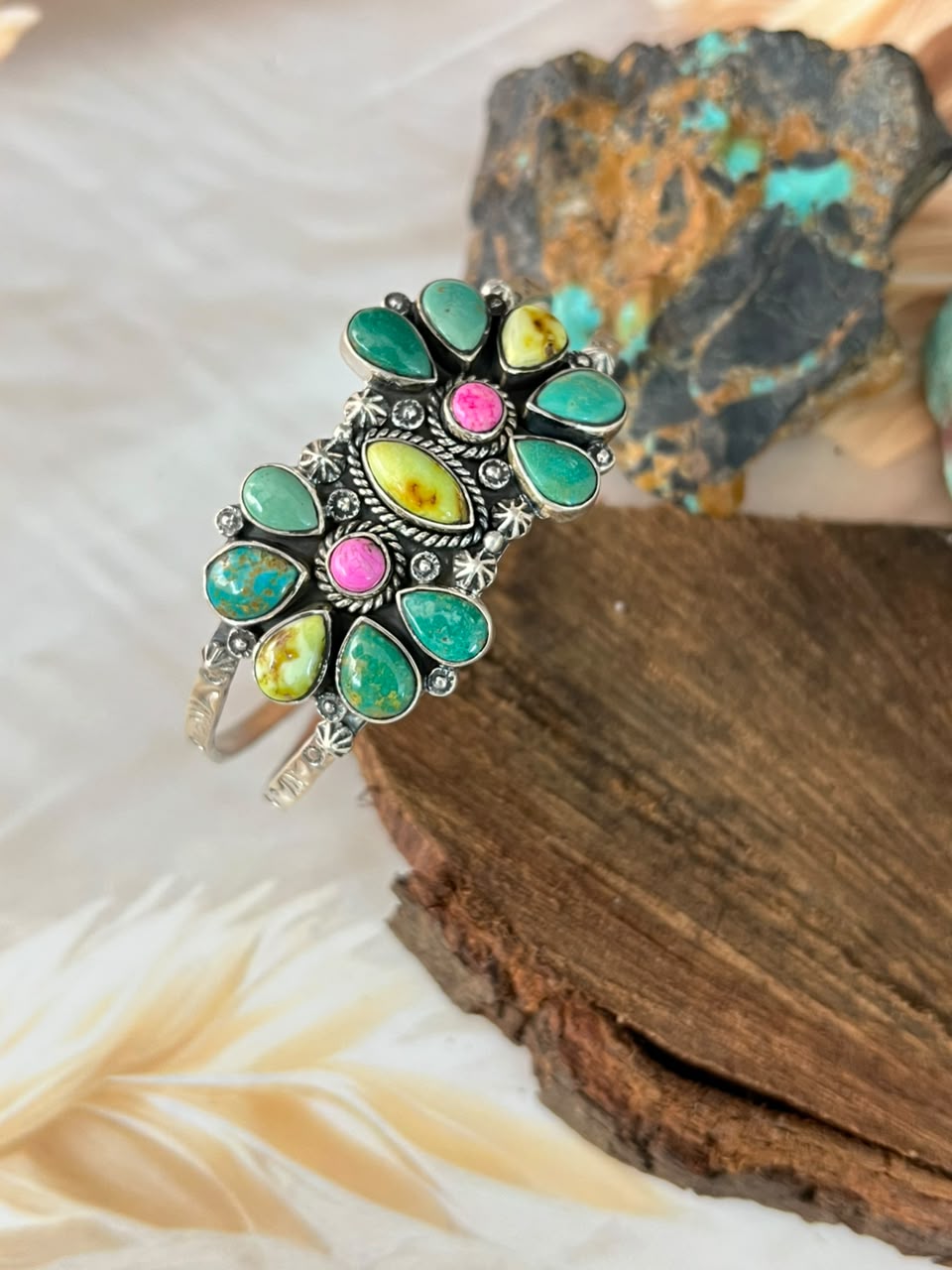 Handmade Sterling Silver Carico Lake with Cotton Candy and Palomino Turquoise Cuff Bracelet Signed Nizhoni