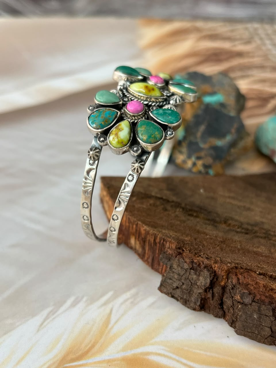 Handmade Sterling Silver Carico Lake with Cotton Candy and Palomino Turquoise Cuff Bracelet Signed Nizhoni