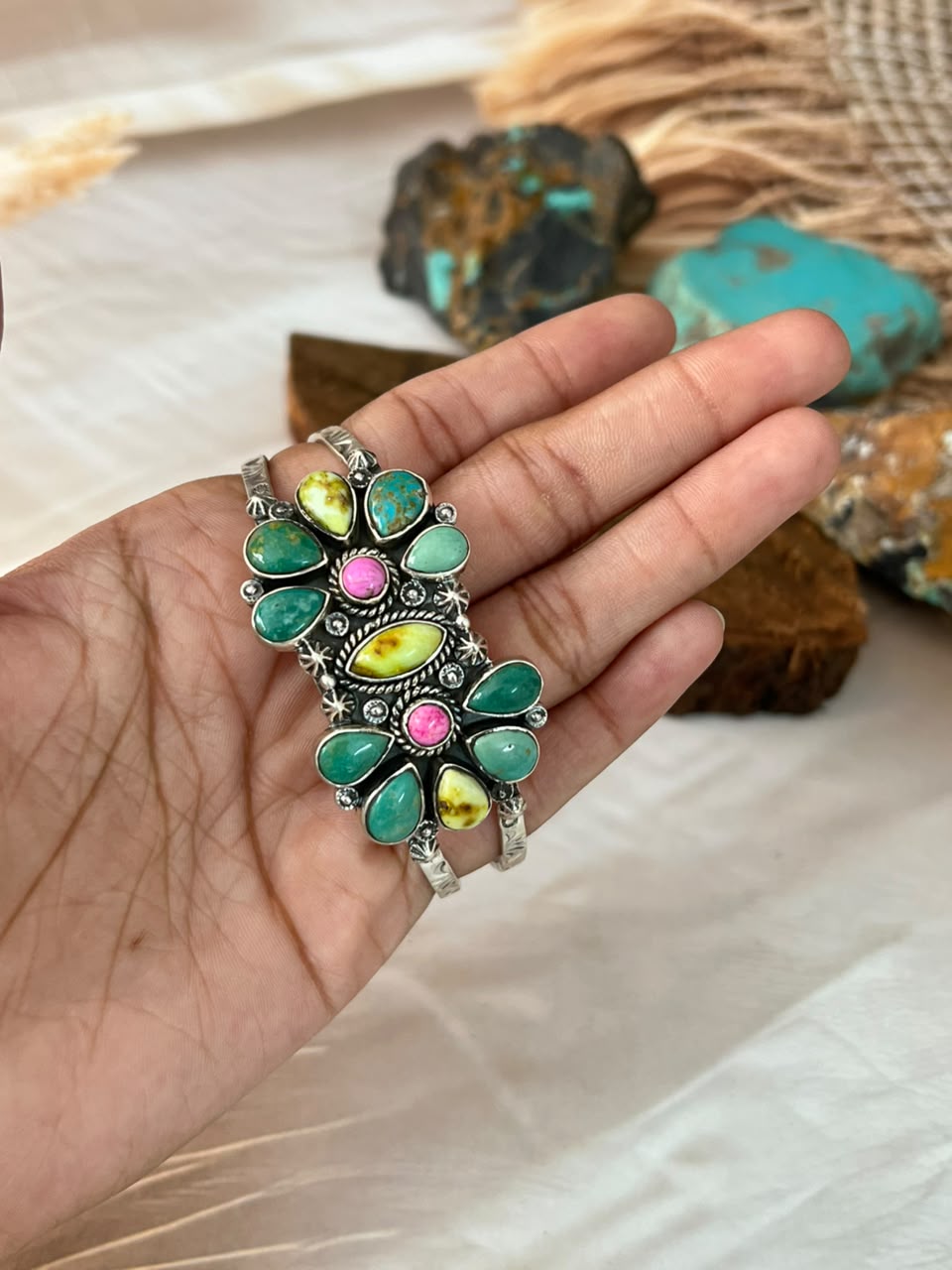 Handmade Sterling Silver Carico Lake with Cotton Candy and Palomino Turquoise Cuff Bracelet Signed Nizhoni