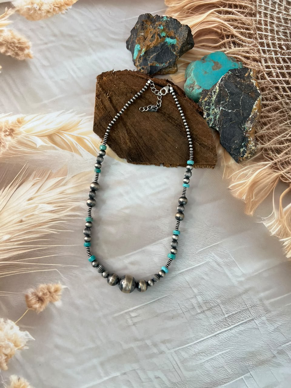 Handmade Sterling Silver Kingman Turquoise Beaded Necklace Signed Nizhoni