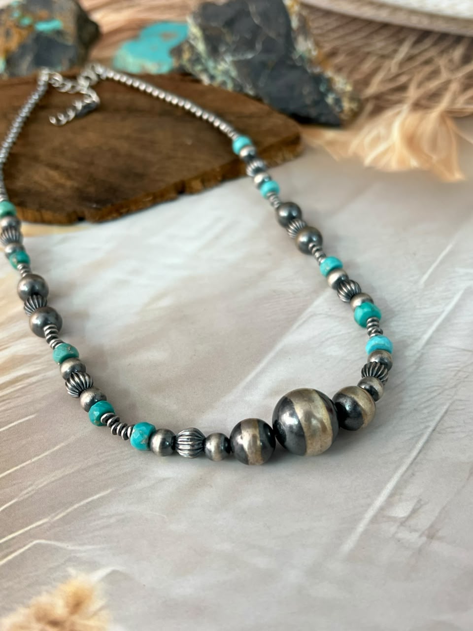 Handmade Sterling Silver Kingman Turquoise Beaded Necklace Signed Nizhoni