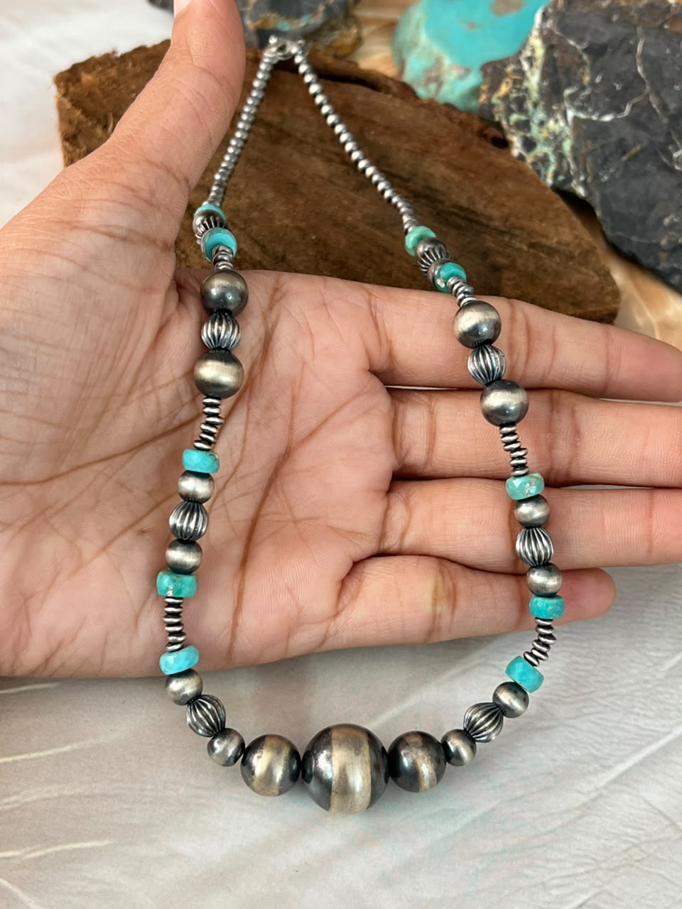 Handmade Sterling Silver Kingman Turquoise Beaded Necklace Signed Nizhoni