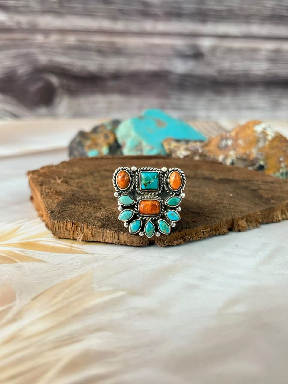 Handmade Sterling Silver Orange Mojave with Kingman Turquoise Adjustable Ring Signed Nizhoni