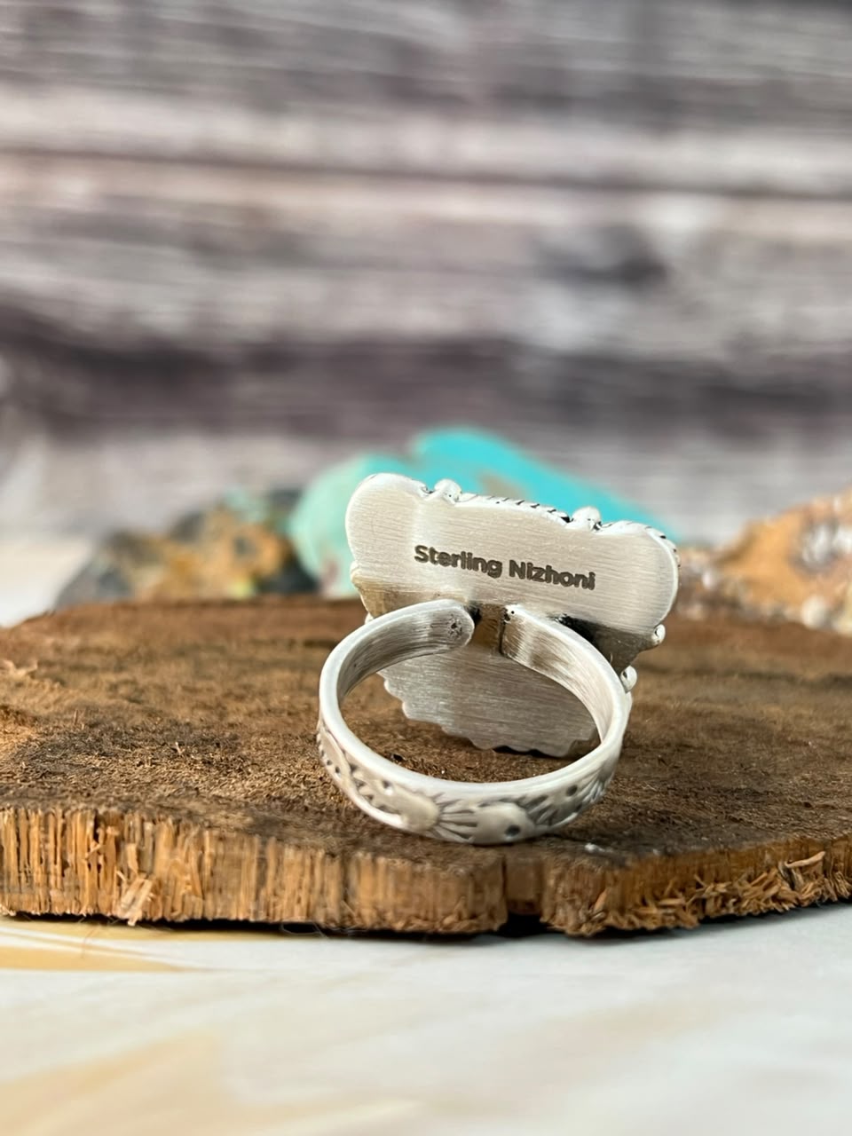 Handmade Sterling Silver Orange Mojave with Kingman Turquoise Adjustable Ring Signed Nizhoni