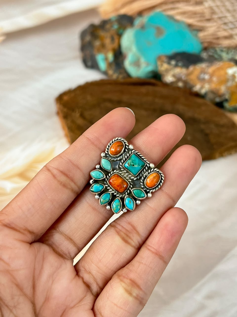Handmade Sterling Silver Orange Mojave with Kingman Turquoise Adjustable Ring Signed Nizhoni