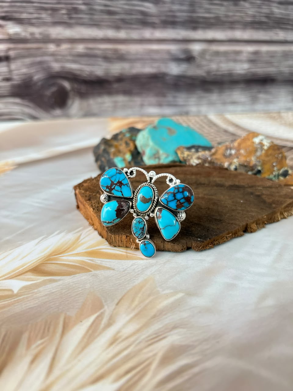 Handmade Sterling Silver Egyptian Turquoise Butterfly Adjustable Ring Signed Nizhoni