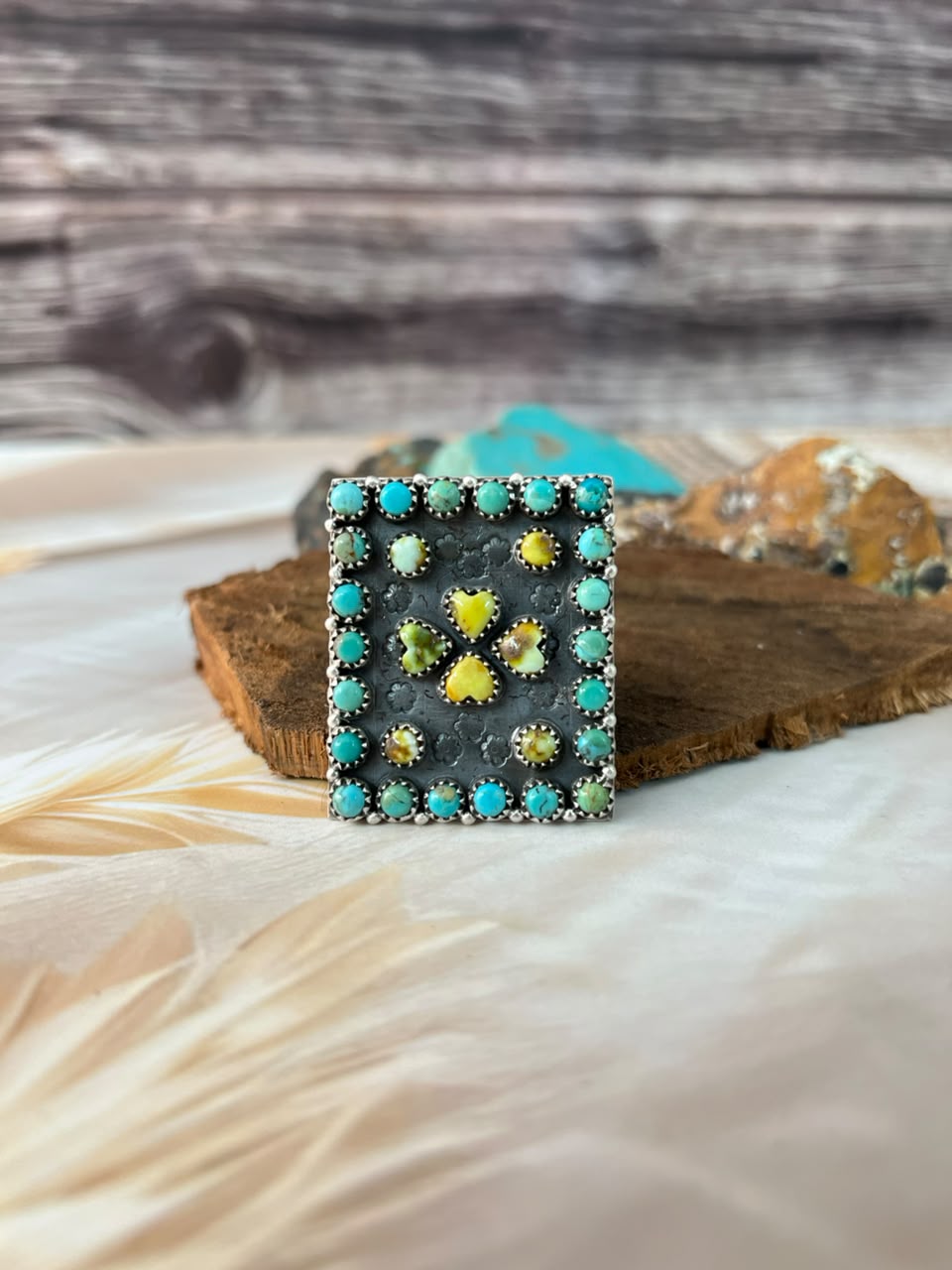 Handmade Sterling Silver Palomino with Kingman Turquoise Adjustable Ring Signed Nizhoni
