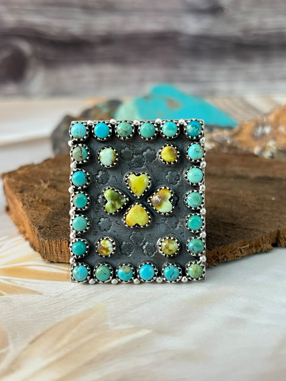 Handmade Sterling Silver Palomino with Kingman Turquoise Adjustable Ring Signed Nizhoni