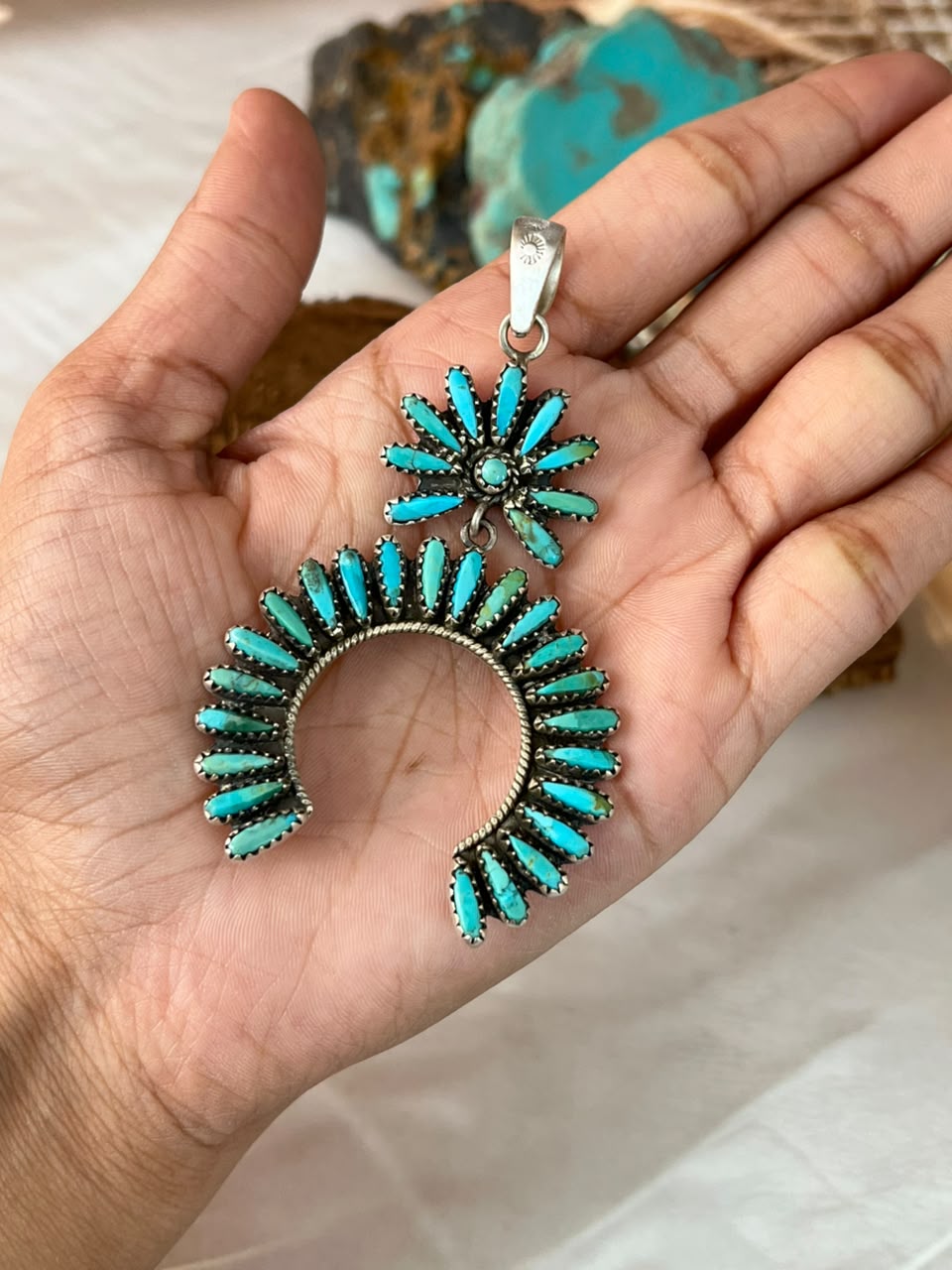 Handmade Sterling Silver Kingman Turquoise Naja Pendant Signed Nizhoni
