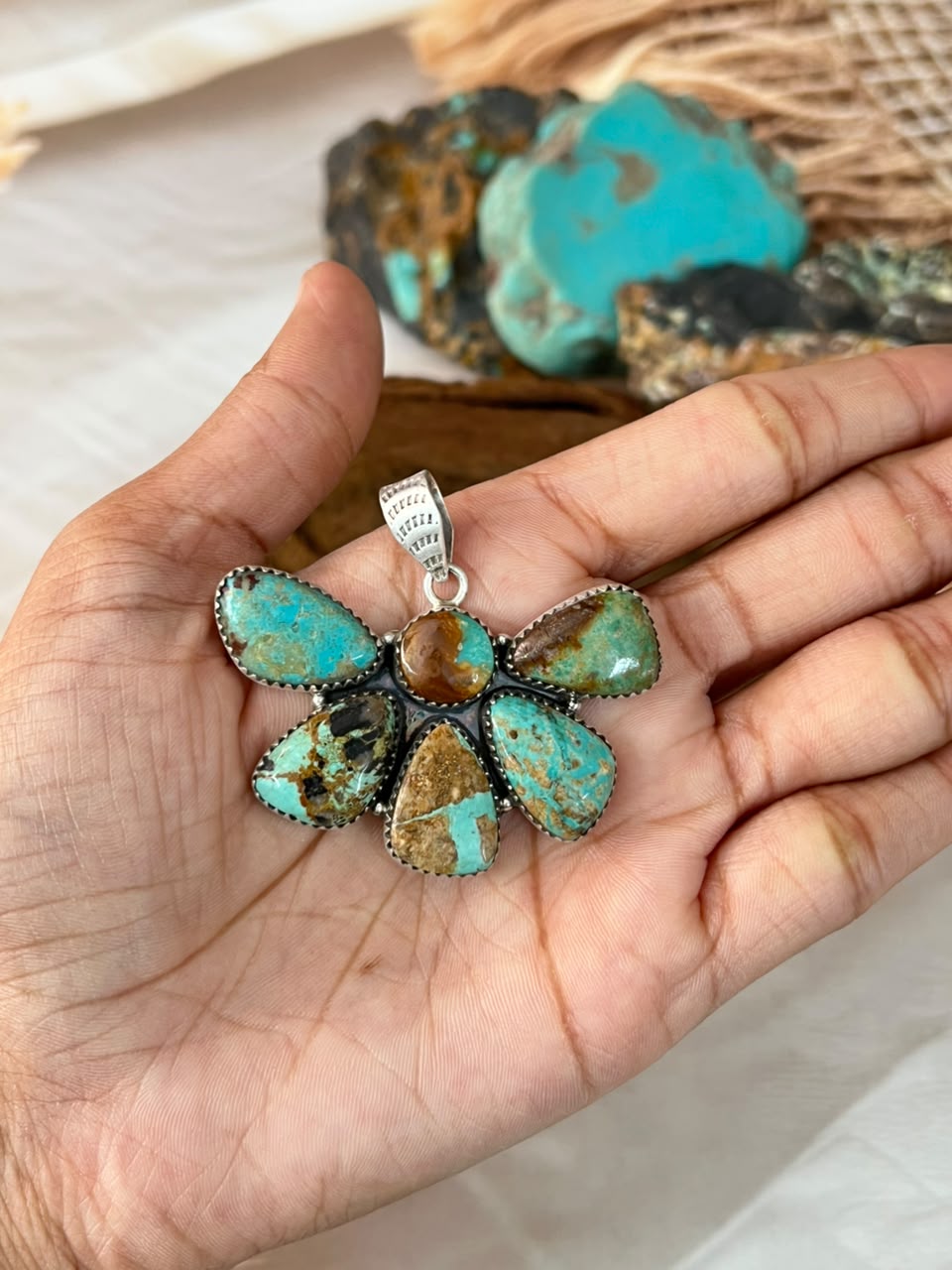 Handmade Sterling Silver Carico Lake Turquoise Pendant Signed Nizhoni