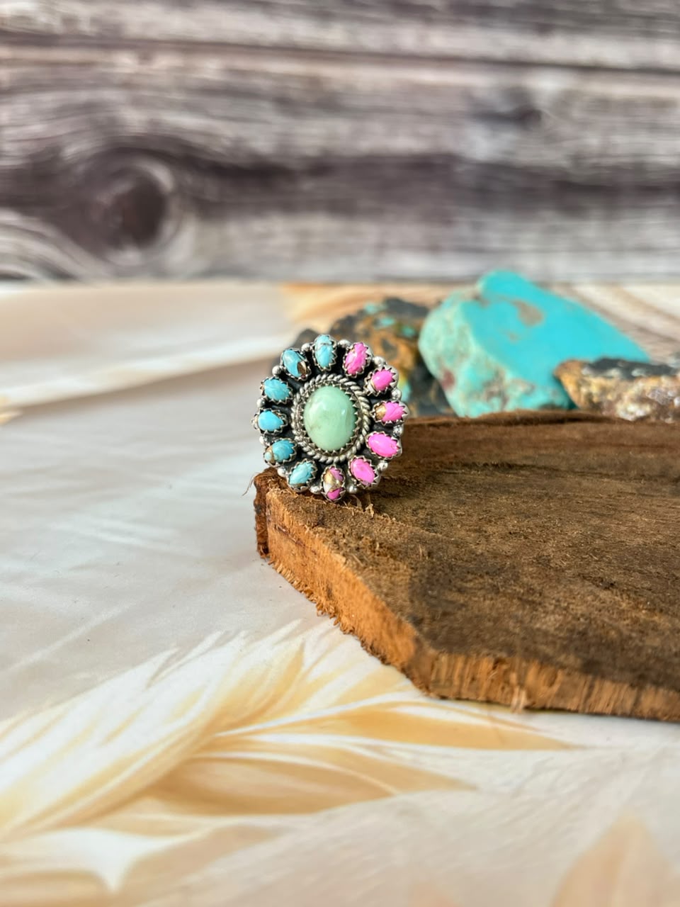 Handmade Sterling Silver Paloma Turquoise with Cotton Candy Adjustable Ring Signed Nizhoni