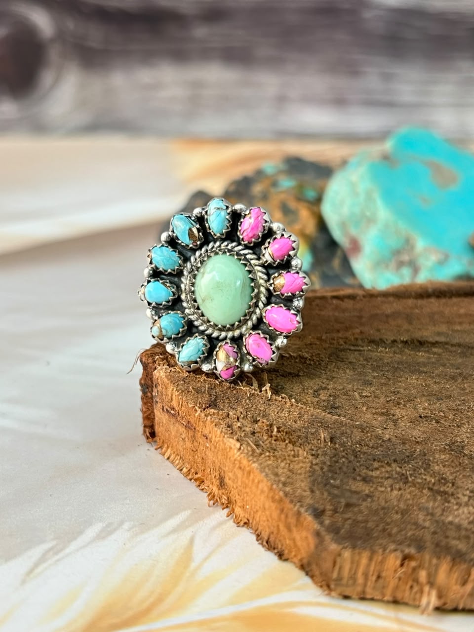 Handmade Sterling Silver Paloma Turquoise with Cotton Candy Adjustable Ring Signed Nizhoni