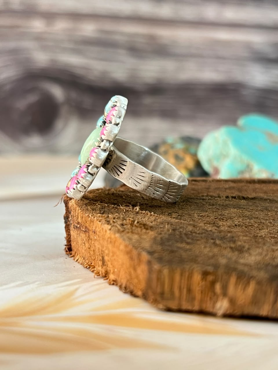 Handmade Sterling Silver Paloma Turquoise with Cotton Candy Adjustable Ring Signed Nizhoni