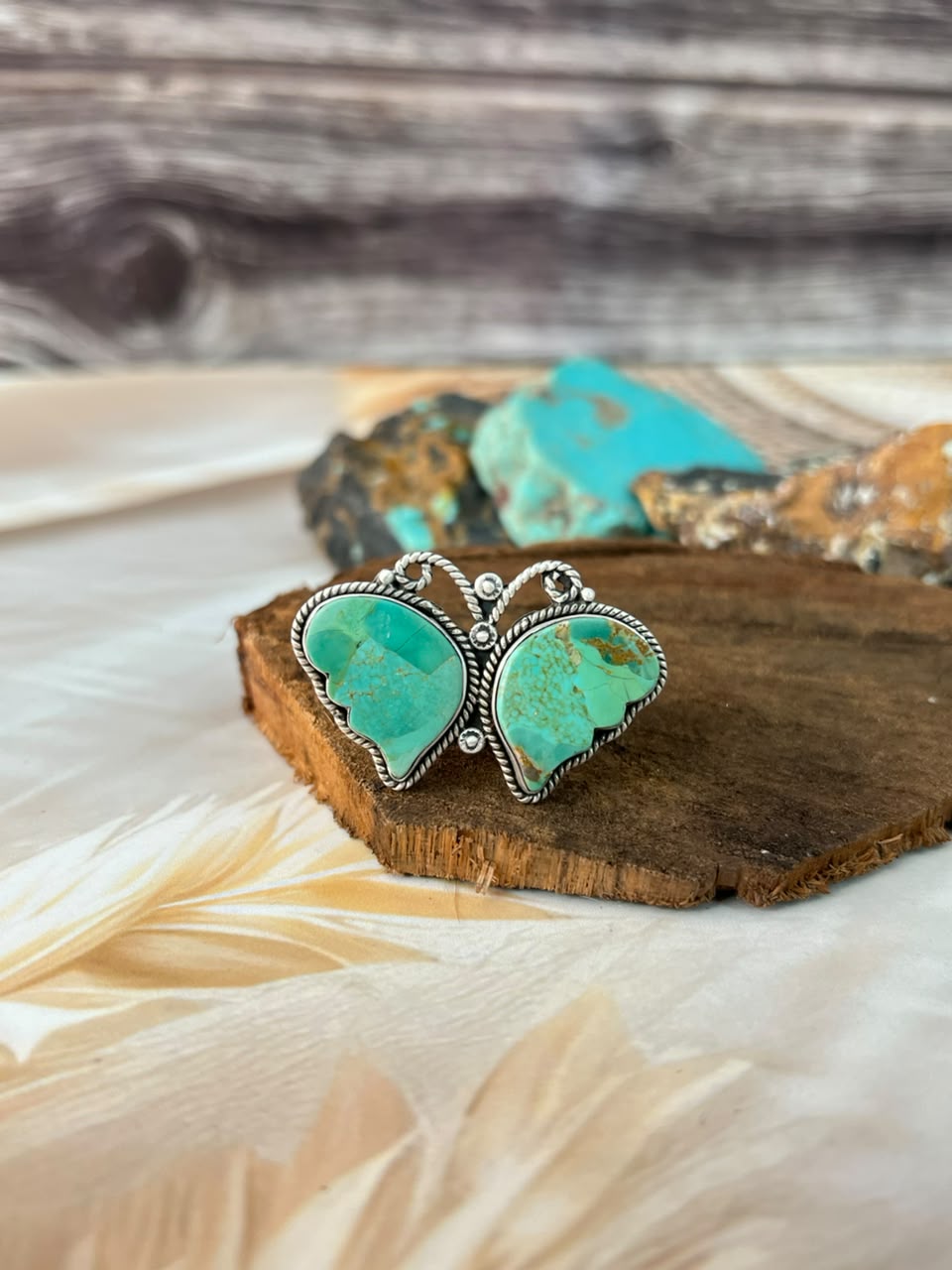 Handmade Sterling Silver Kingman Turquoise Butterfly Adjustable Ring Signed Nizhoni
