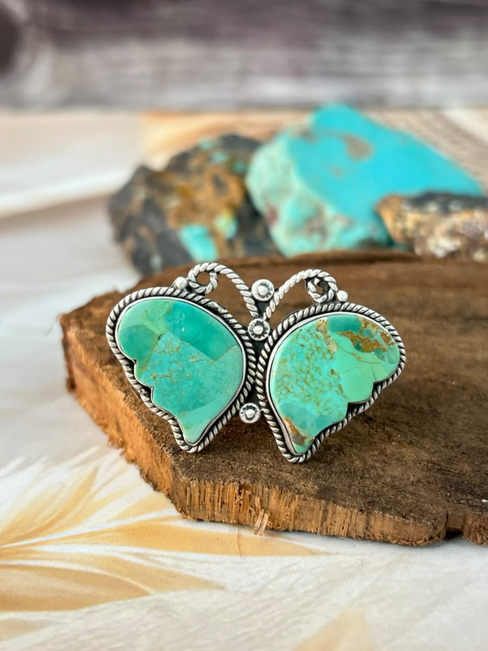 Handmade Sterling Silver Kingman Turquoise Butterfly Adjustable Ring Signed Nizhoni