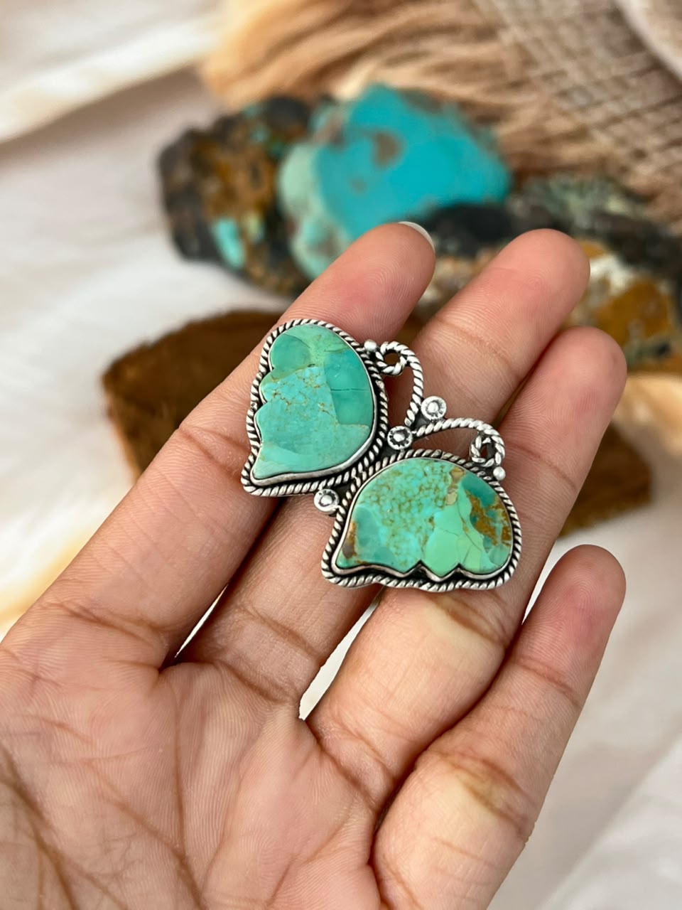 Handmade Sterling Silver Kingman Turquoise Butterfly Adjustable Ring Signed Nizhoni
