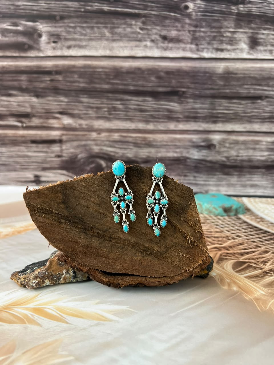 Handmade Sterling Silver Kingman Turquoise Post Dangle Earrings Signed Nizhoni