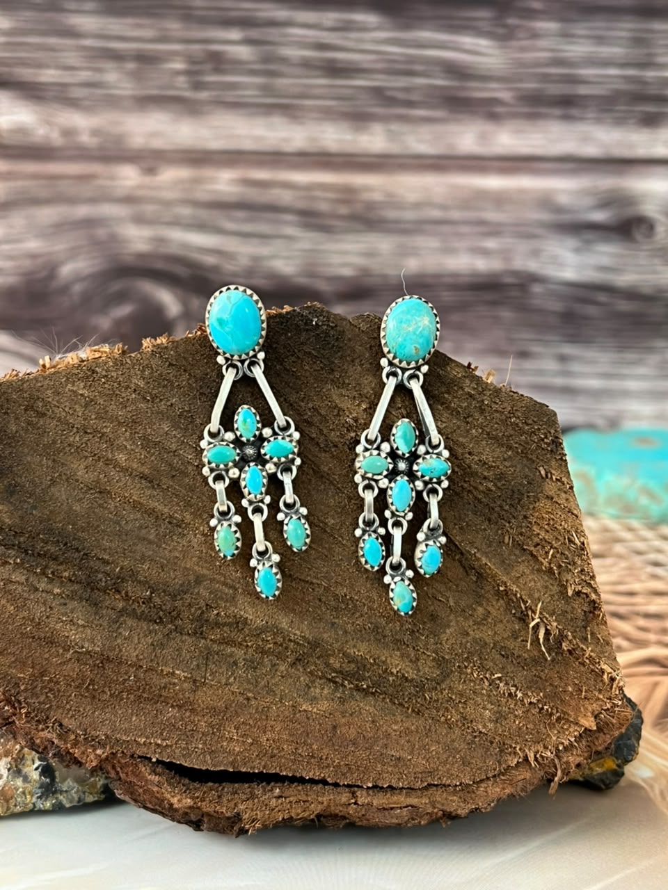 Handmade Sterling Silver Kingman Turquoise Post Dangle Earrings Signed Nizhoni