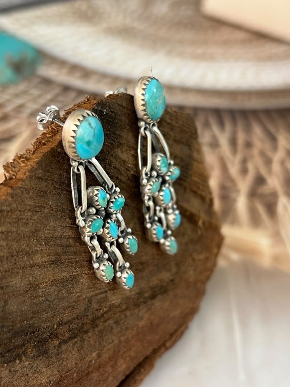 Handmade Sterling Silver Kingman Turquoise Post Dangle Earrings Signed Nizhoni