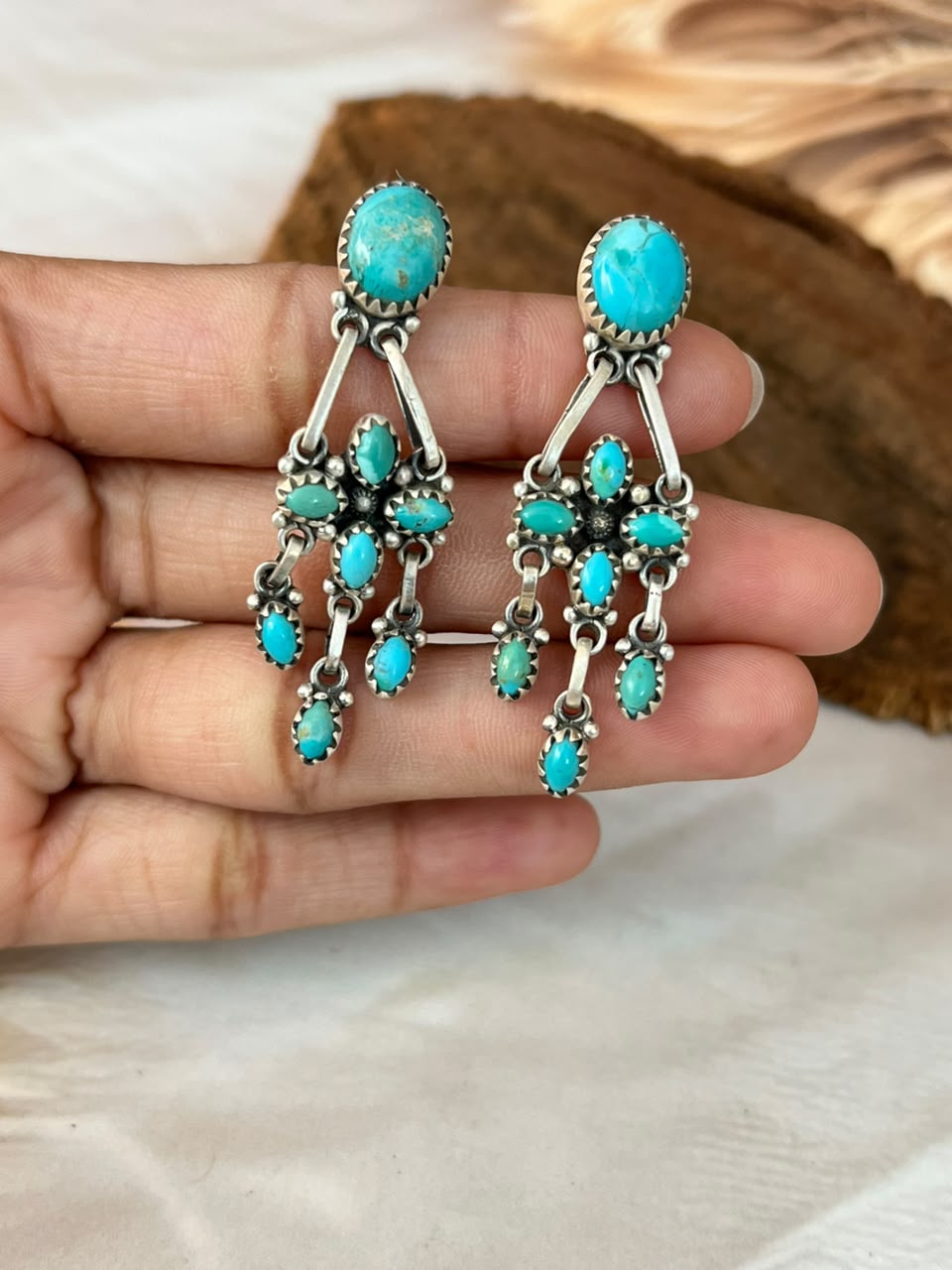 Handmade Sterling Silver Kingman Turquoise Post Dangle Earrings Signed Nizhoni
