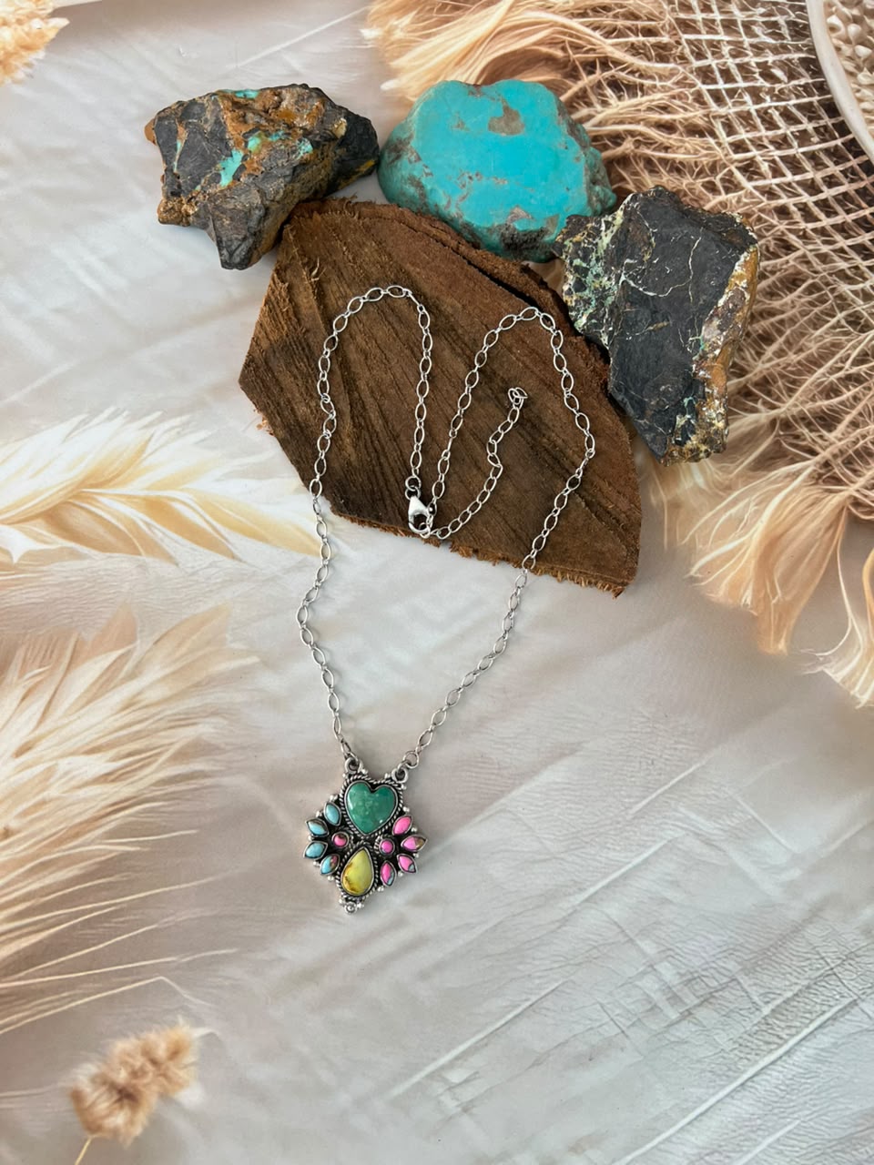 Handmade Sterling Silver Carico Lake with Cotton Candy and Palomino Turquoise Necklace Signed Nizhoni