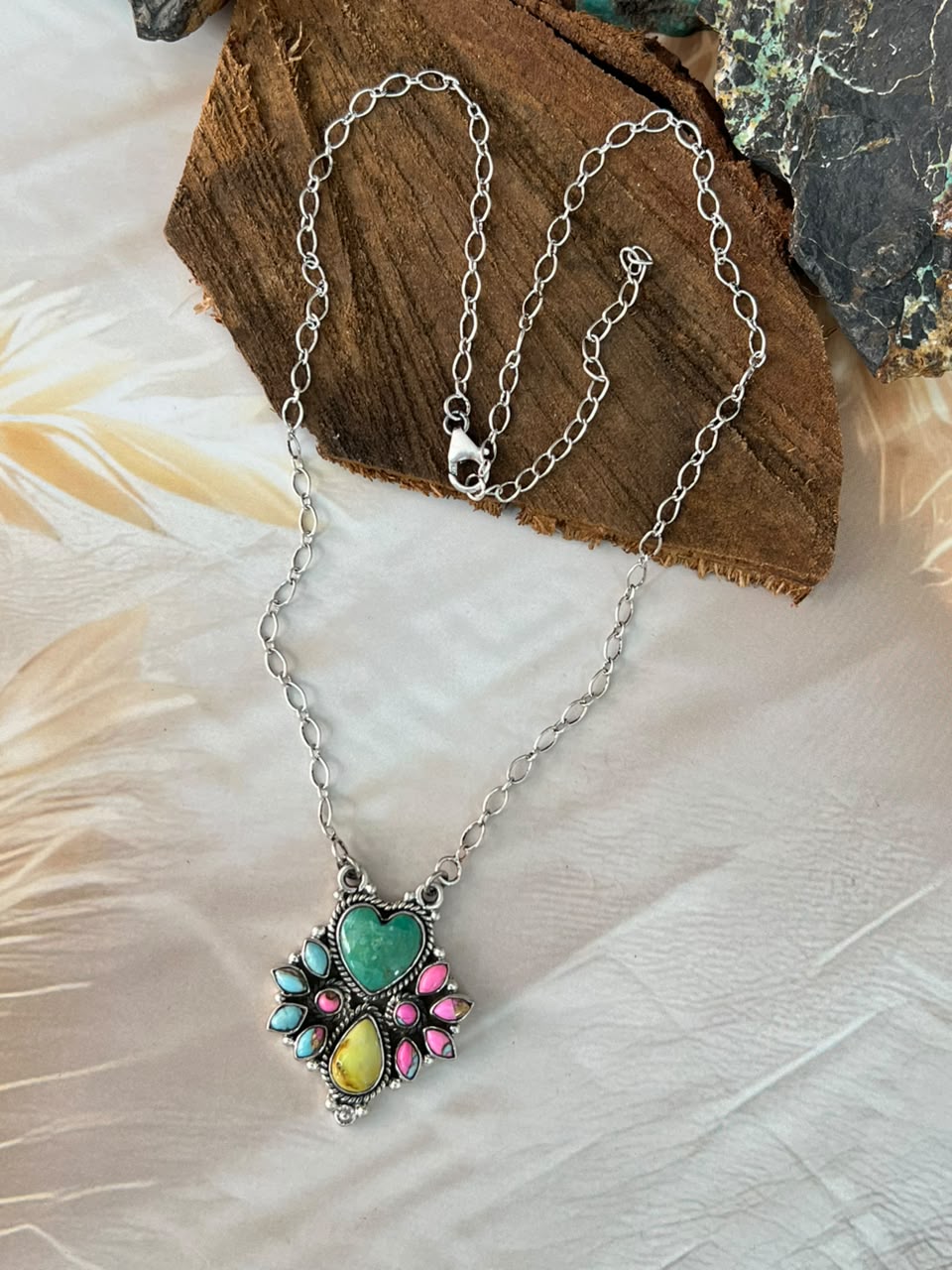 Handmade Sterling Silver Carico Lake with Cotton Candy and Palomino Turquoise Necklace Signed Nizhoni
