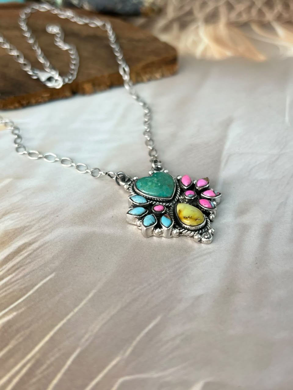 Handmade Sterling Silver Carico Lake with Cotton Candy and Palomino Turquoise Necklace Signed Nizhoni