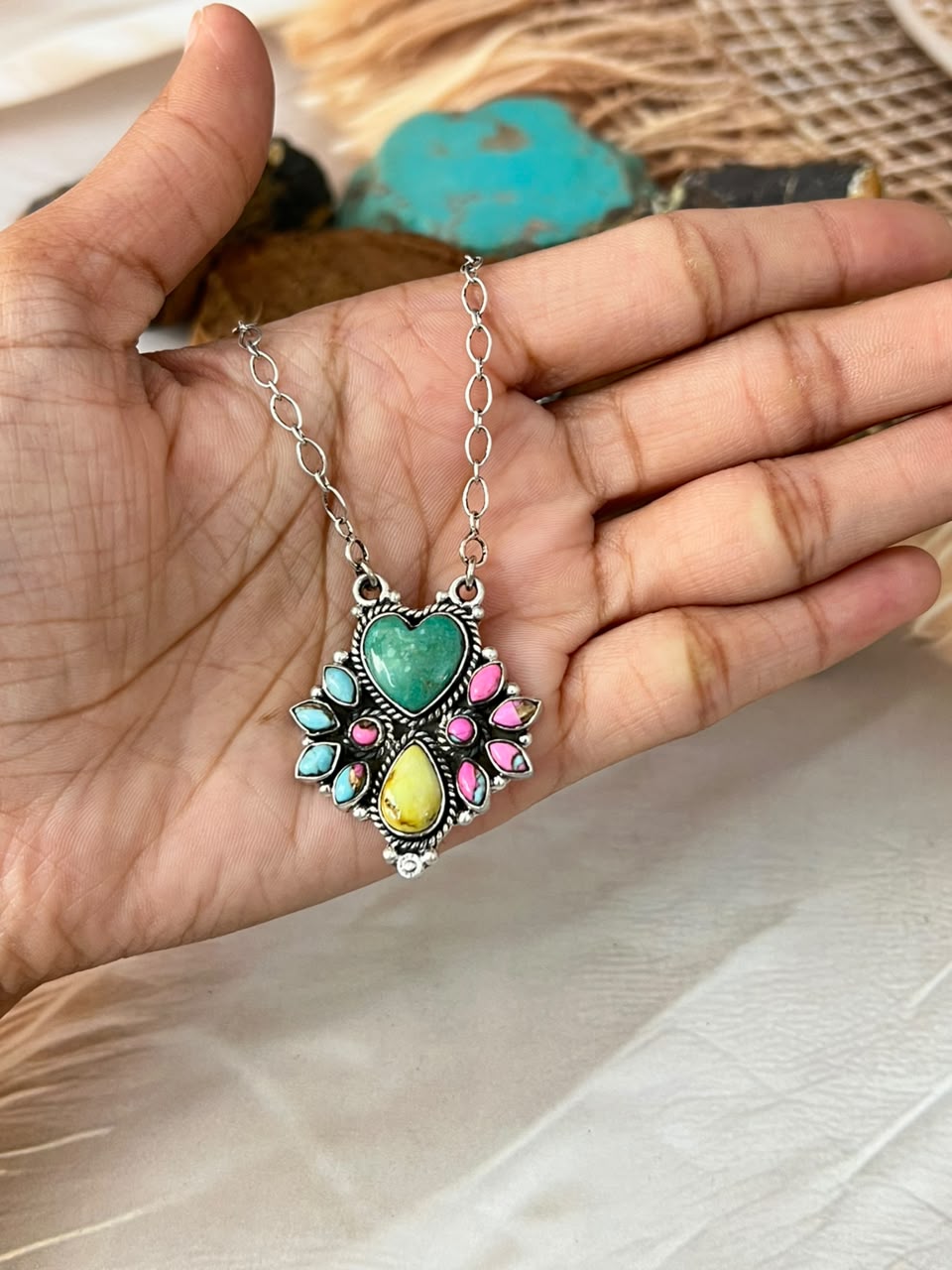 Handmade Sterling Silver Carico Lake with Cotton Candy and Palomino Turquoise Necklace Signed Nizhoni