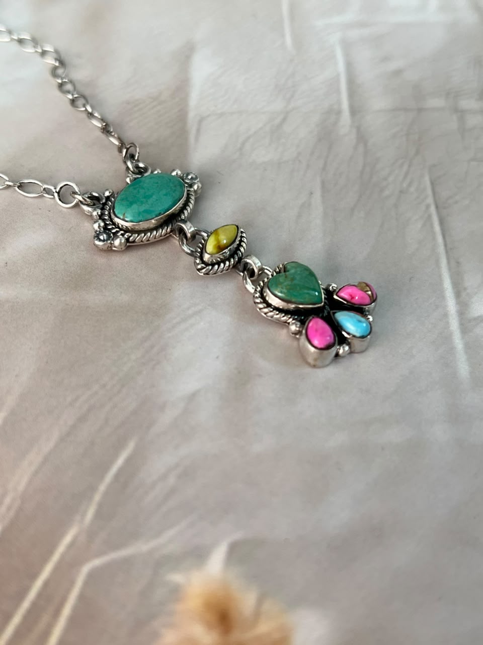 Handmade Sterling Silver Carico Lake with Cotton Candy and Palomino Turquoise Necklace Signed Nizhoni