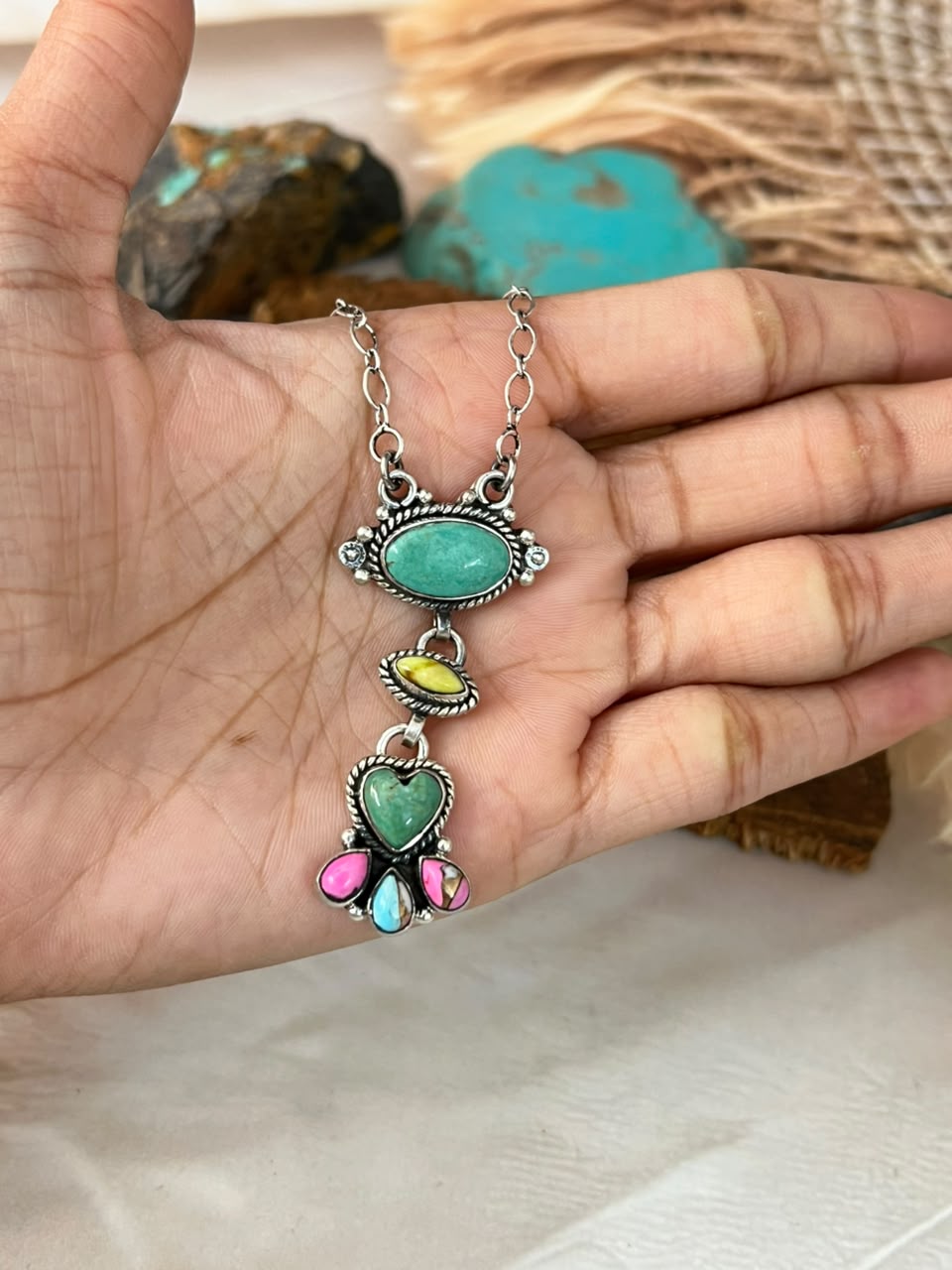 Handmade Sterling Silver Carico Lake with Cotton Candy and Palomino Turquoise Necklace Signed Nizhoni