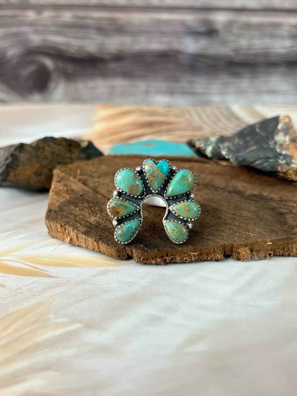 Handmade Sterling Silver Sonoran Turquoise Collection: Naja Adjustable Ring Signed Nizhoni (9)
