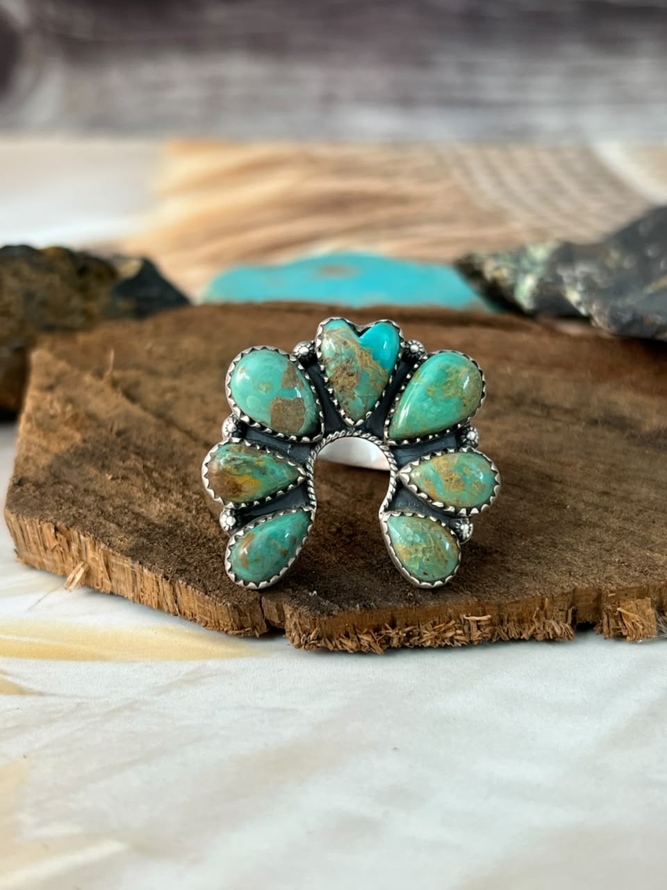 Handmade Sterling Silver Sonoran Turquoise Collection: Naja Adjustable Ring Signed Nizhoni (9)