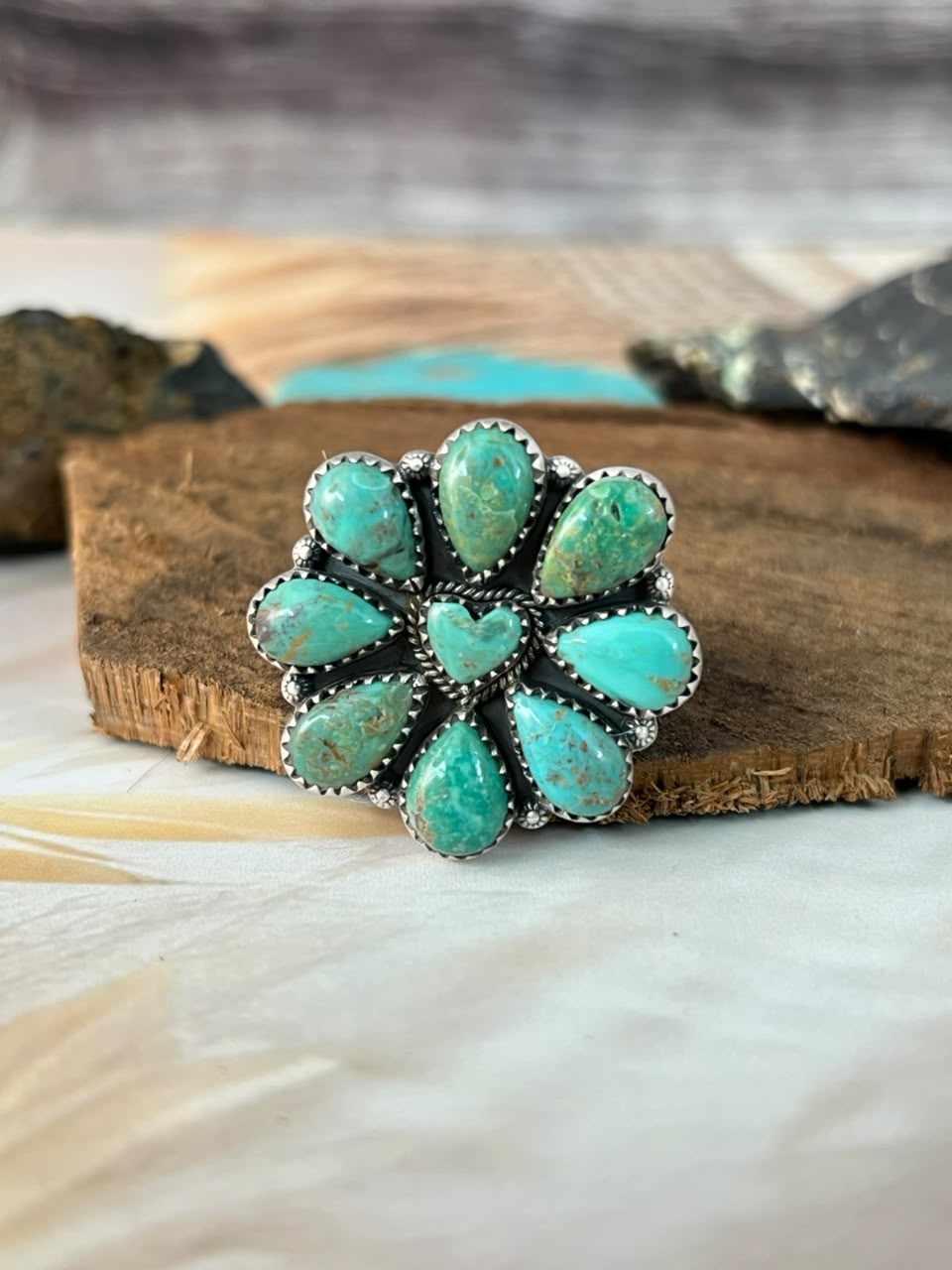 Handmade Sterling Silver Sonoran Turquoise Collection: Adjustable Ring Signed Nizhoni (8)