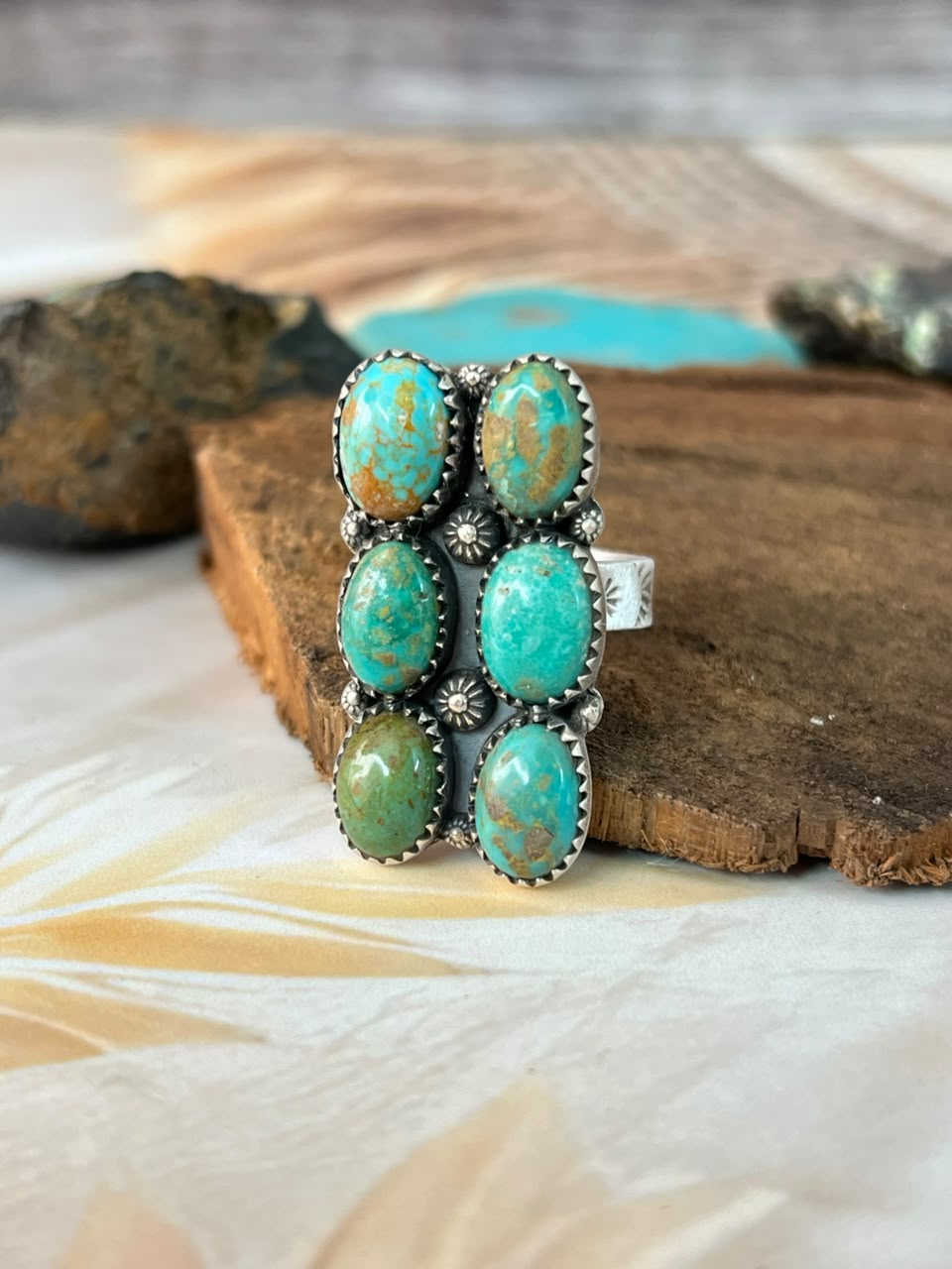 Handmade Sterling Silver Sonoran Turquoise Collection: Bar Adjustable Ring Signed Nizhoni