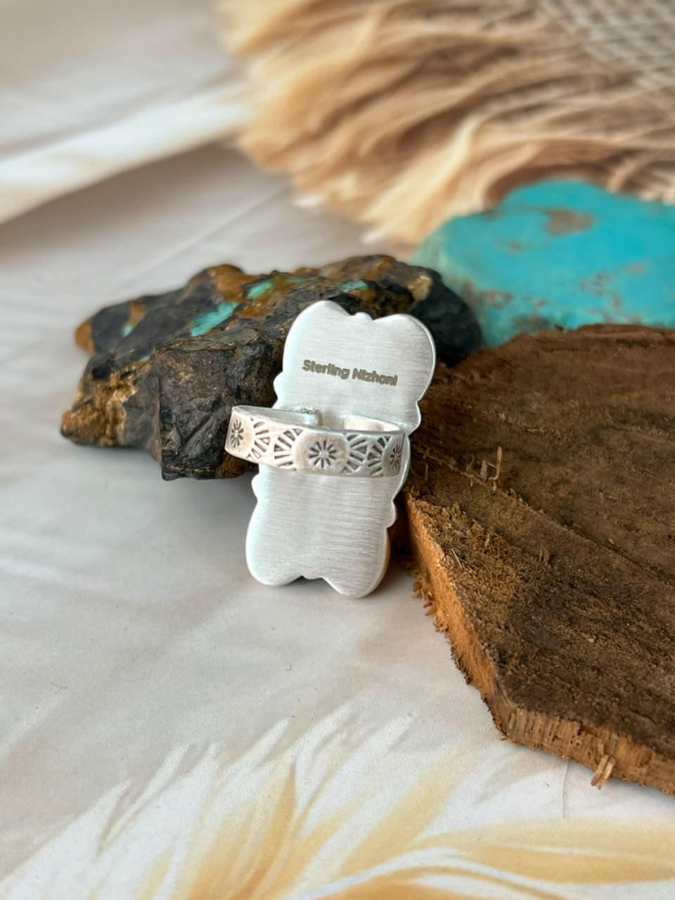 Handmade Sterling Silver Sonoran Turquoise Collection: Bar Adjustable Ring Signed Nizhoni