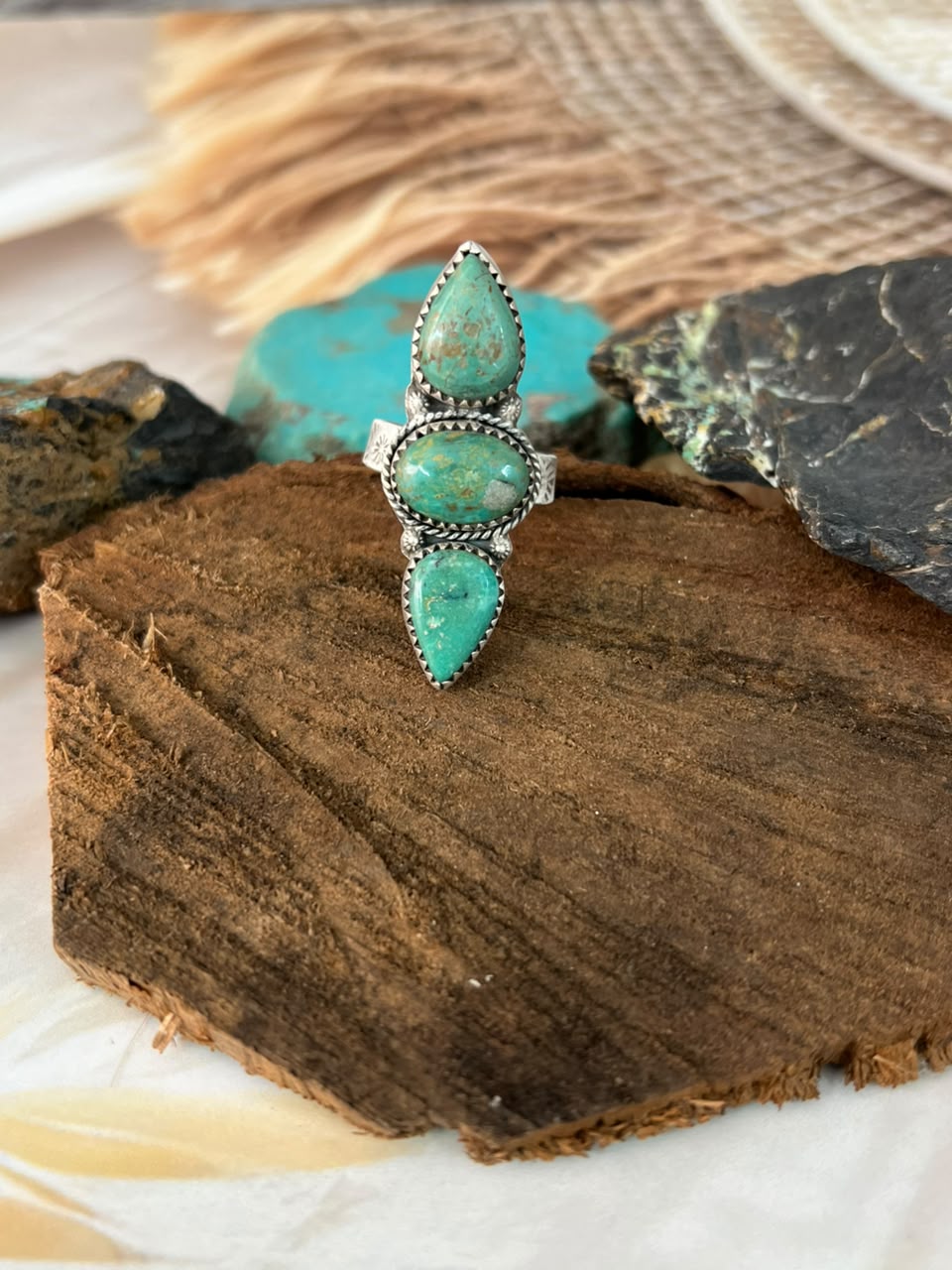 Handmade Sterling Silver Sonoran Turquoise Collection: Adjustable Ring Signed Nizhoni