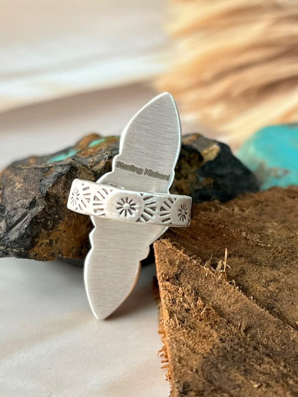 Handmade Sterling Silver Sonoran Turquoise Collection: Adjustable Ring Signed Nizhoni