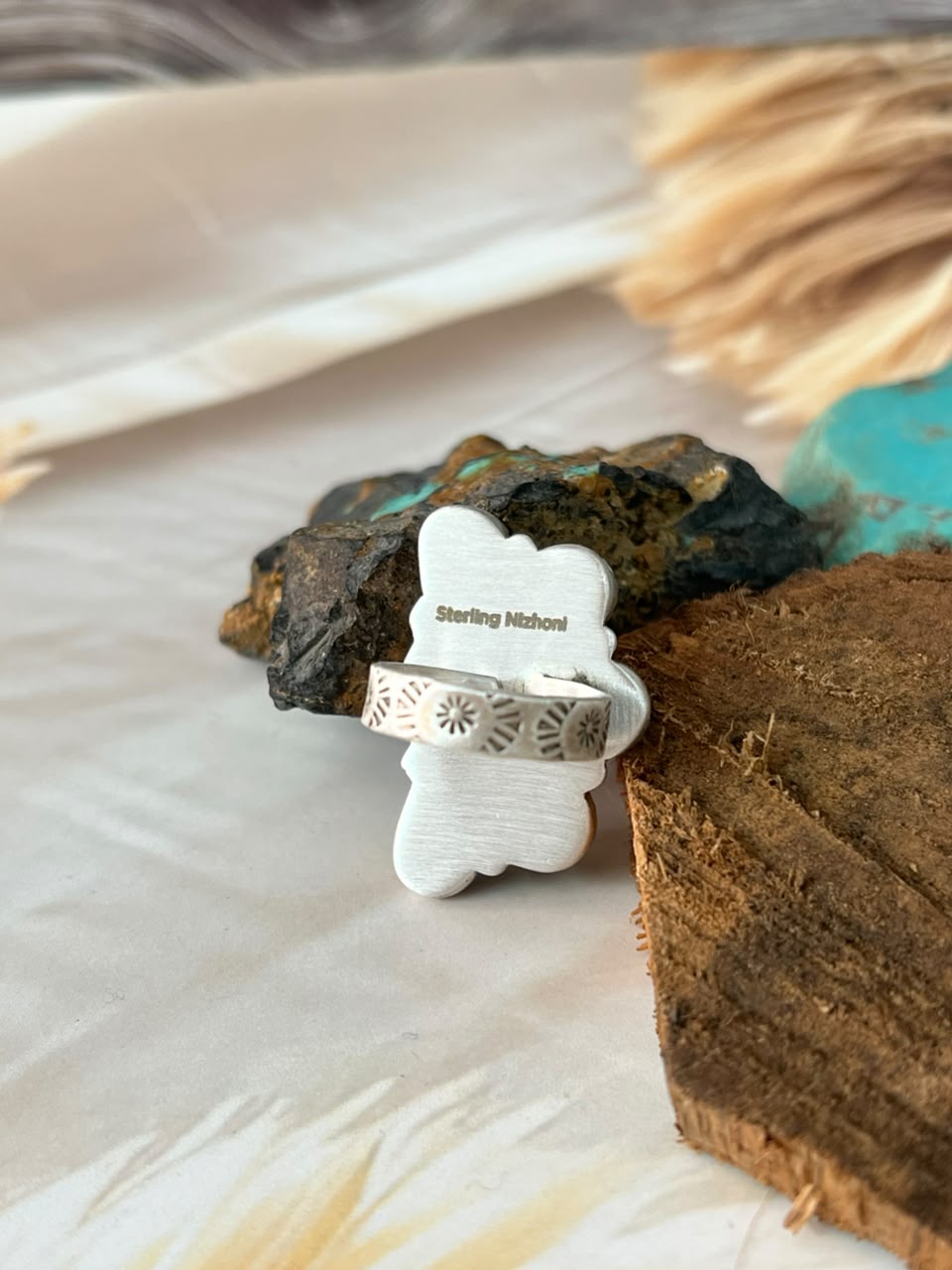 Handmade Sterling Silver Sonoran Turquoise Collection: Adjustable Ring Signed Nizhoni