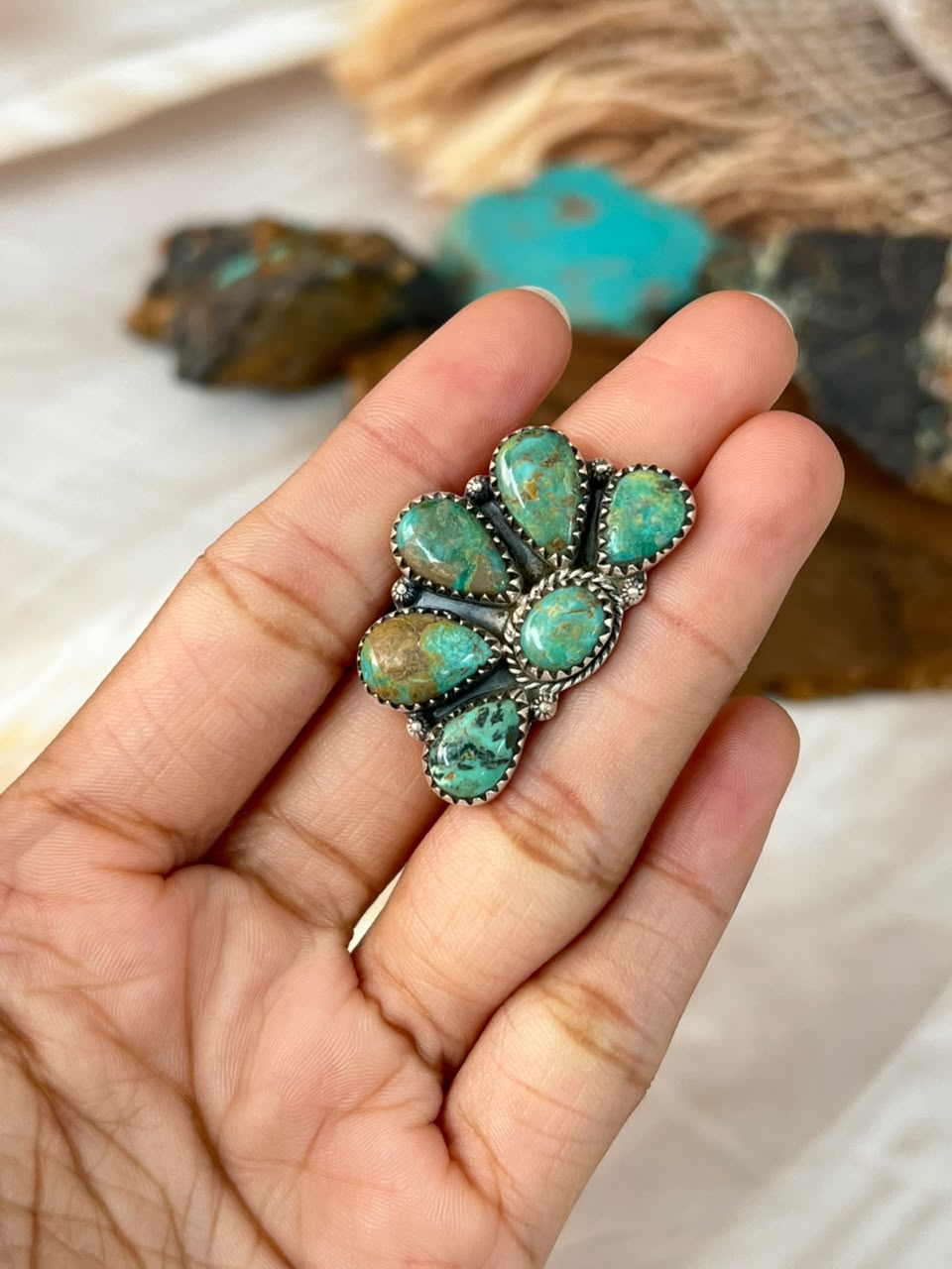 Handmade Sterling Silver Sonoran Turquoise Collection: Adjustable Ring Signed Nizhoni