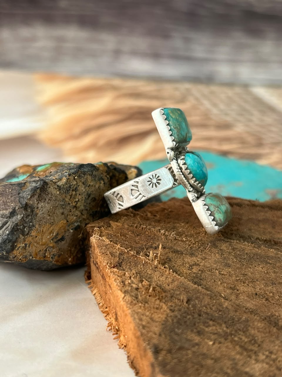 Handmade Sterling Silver Sonoran Turquoise Collection: Adjustable Ring Signed Nizhoni